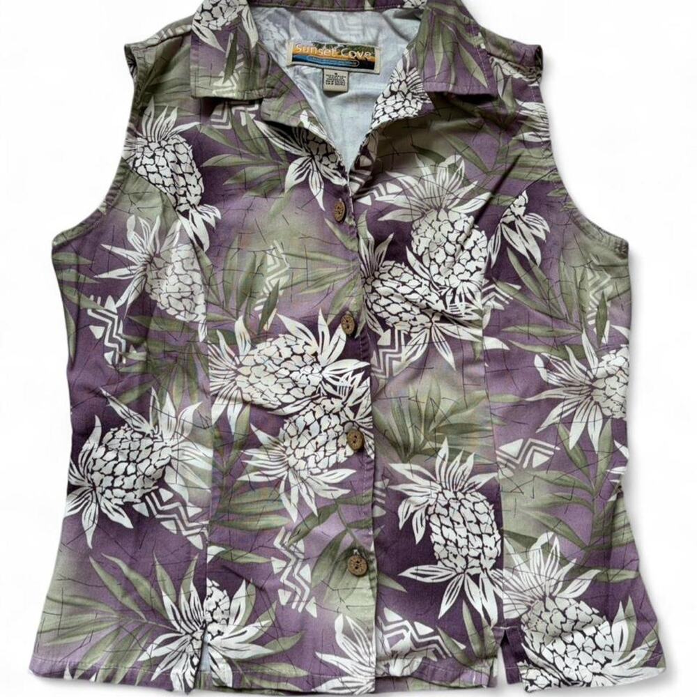 Sunset Cove purple pineapple button up shirt Size S
